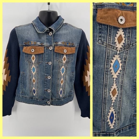 Scully Jackets & Blazers - Scully Honey Creek Aztec Embroidered Denim Jacket Knit‎ Sleeve Western Small S